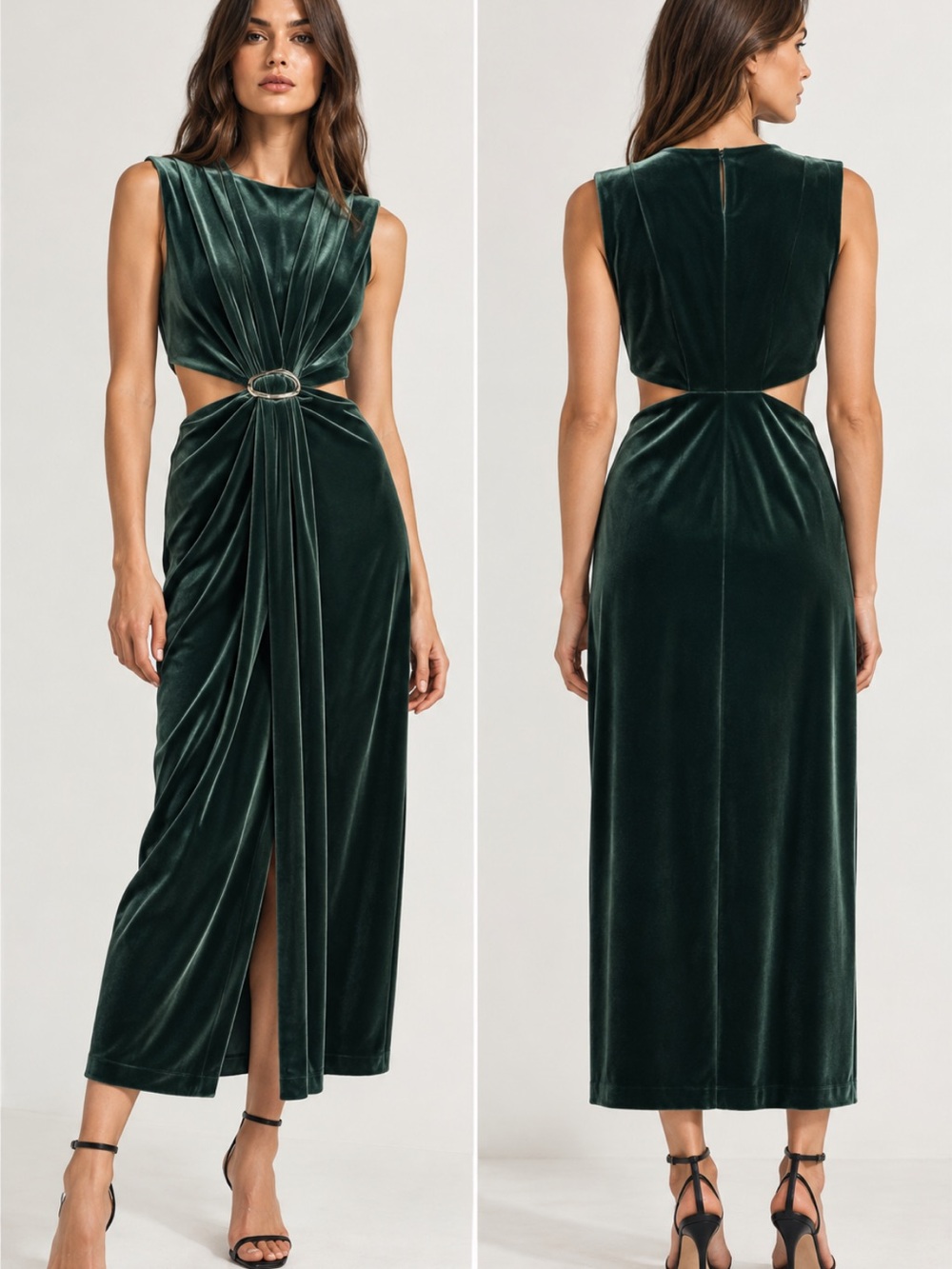 Zara NWT buckled Velvet midi dress green 9649/617
